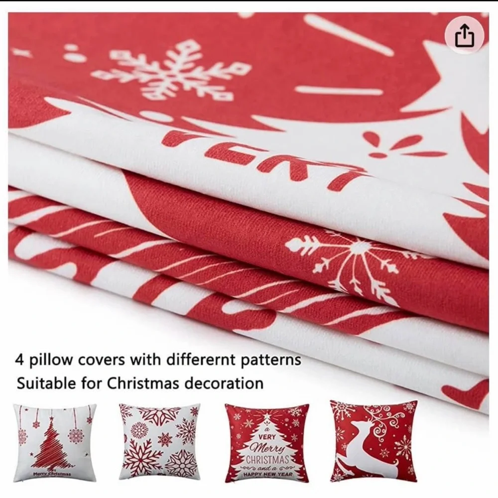NEW (NIP) Festive Red and White Christmas Pillow Covers (no inserts) 18” x 18”